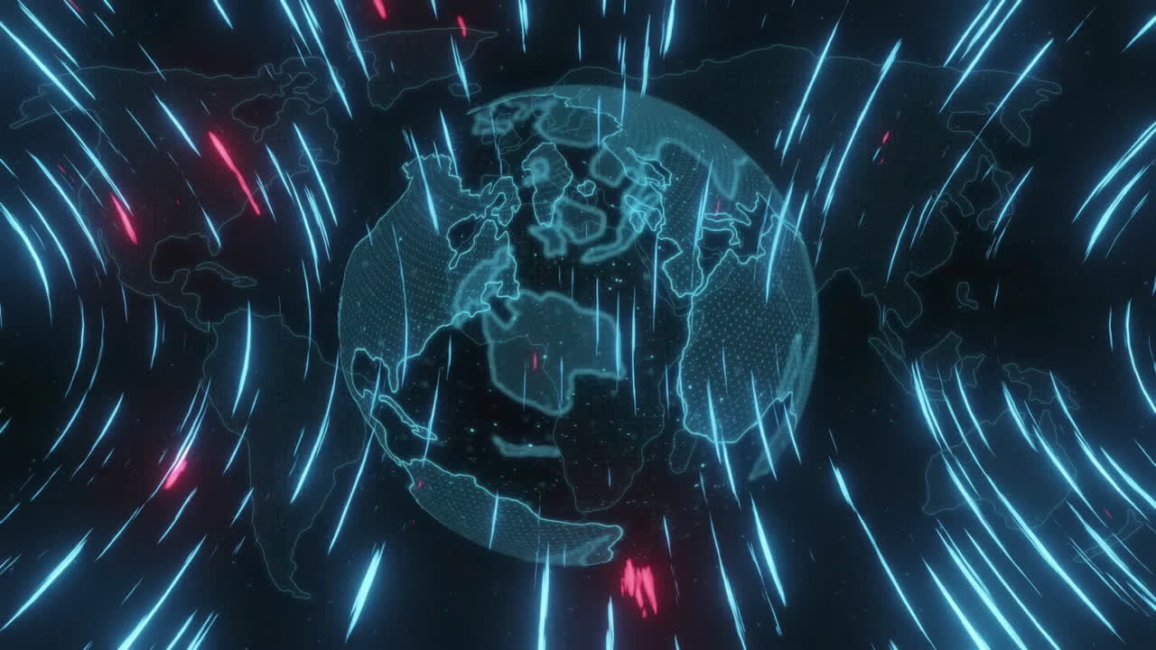 Digital globe with glowing lines and data streams animation