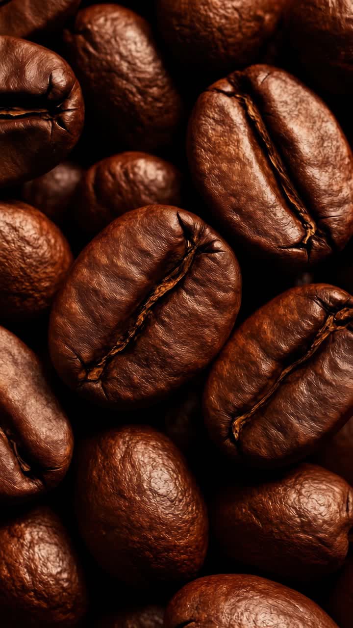 Close-up shot of roasted coffee beans, capturing rich textures and deep brown tones