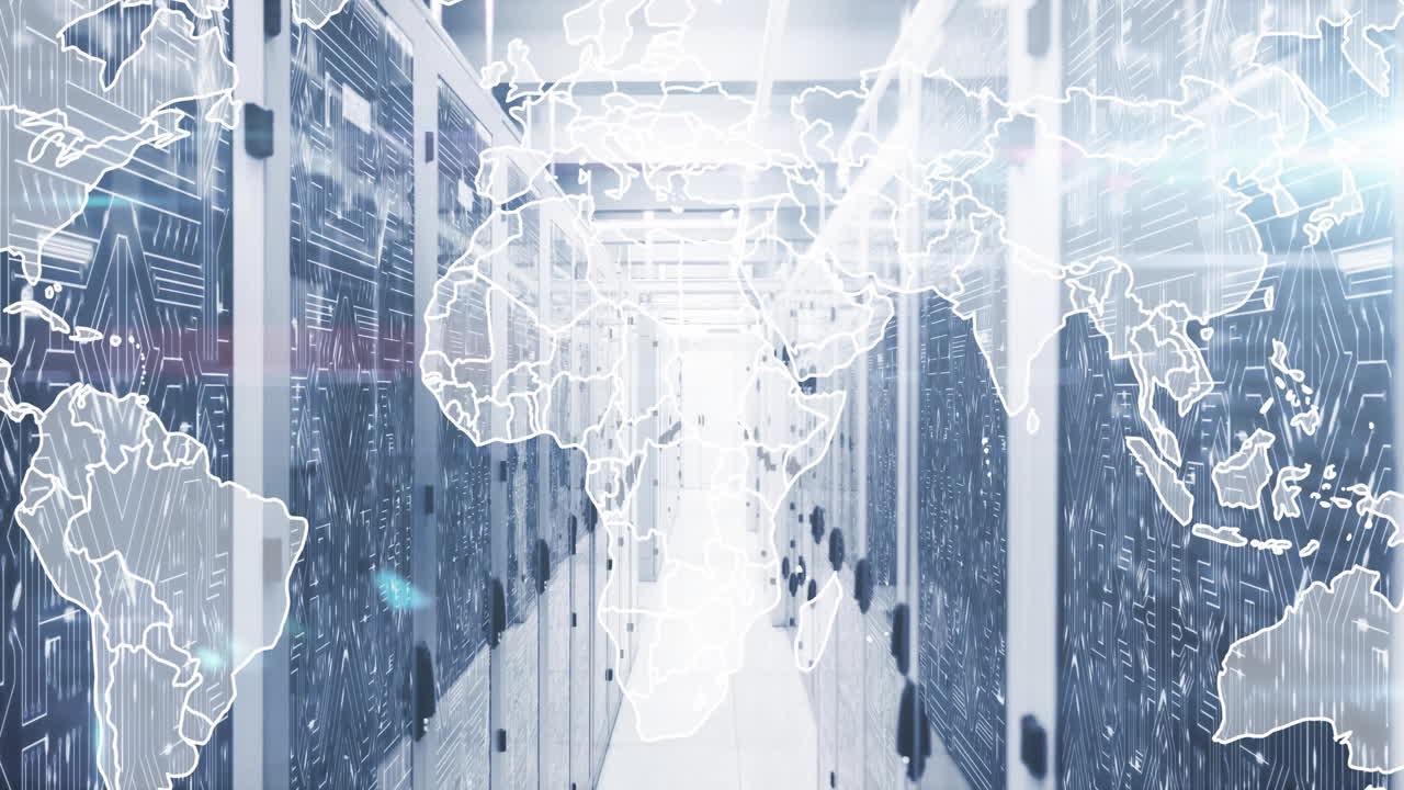 Animation of world map and data processing over computer servers