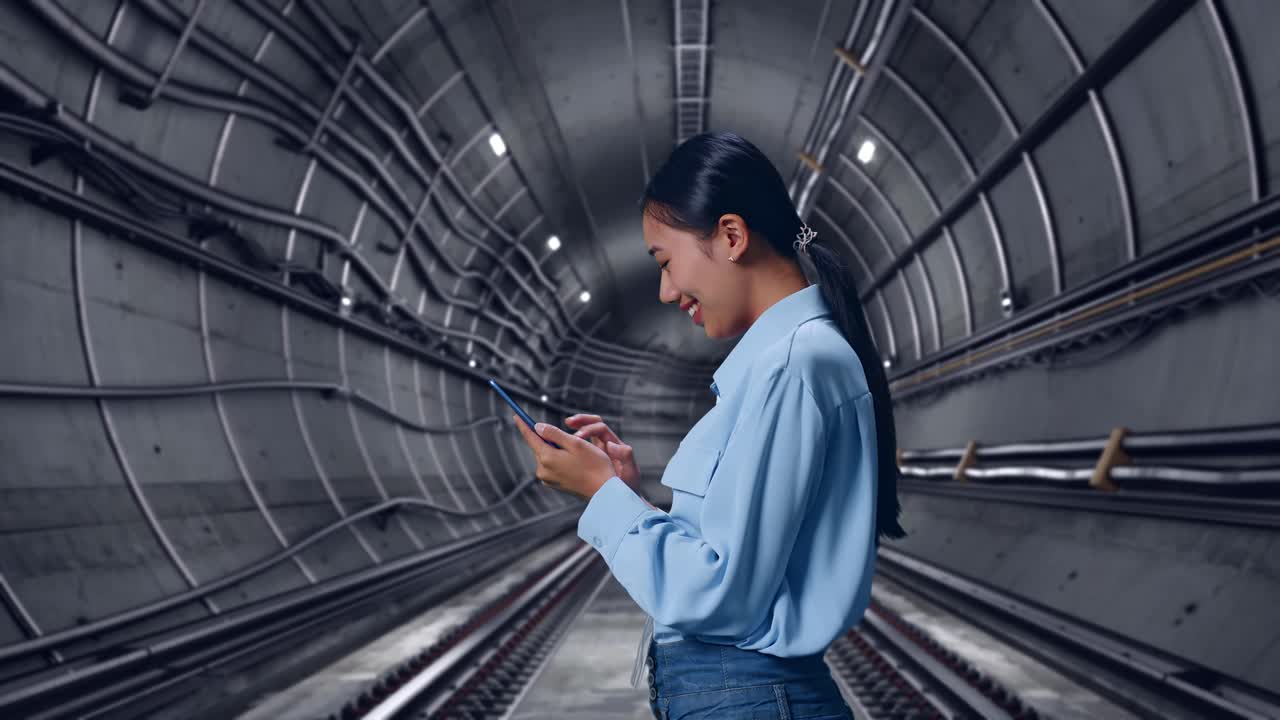 Side View Of Asian Female With Her Smartphone In Underground Subway Tunnel, Checking On Her Smartphone With Meditation