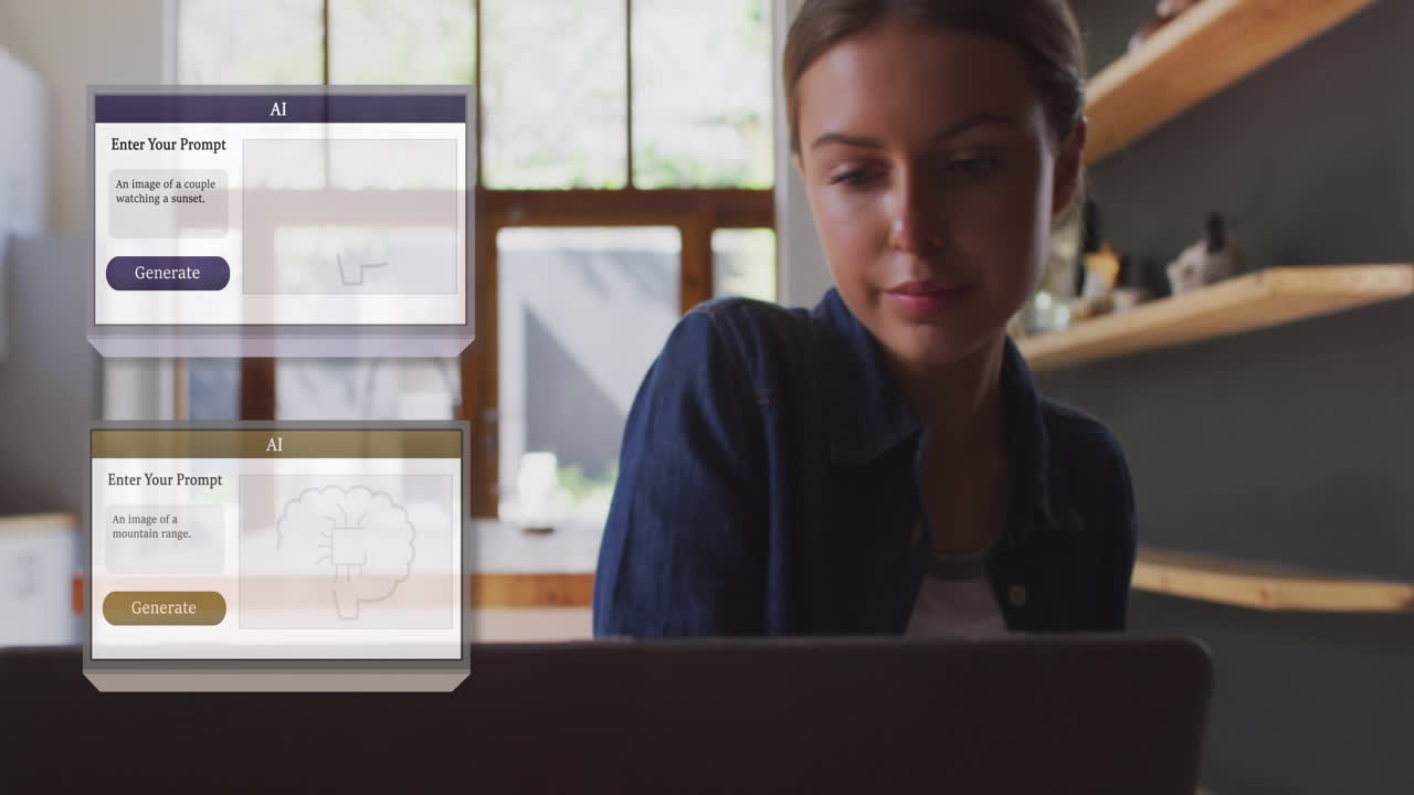 Animation of ai text and data processing and caucasian woman using laptop