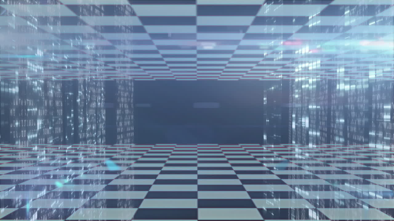 3D render corridor unfolding into vanishing point with cascading binary streams and data particles