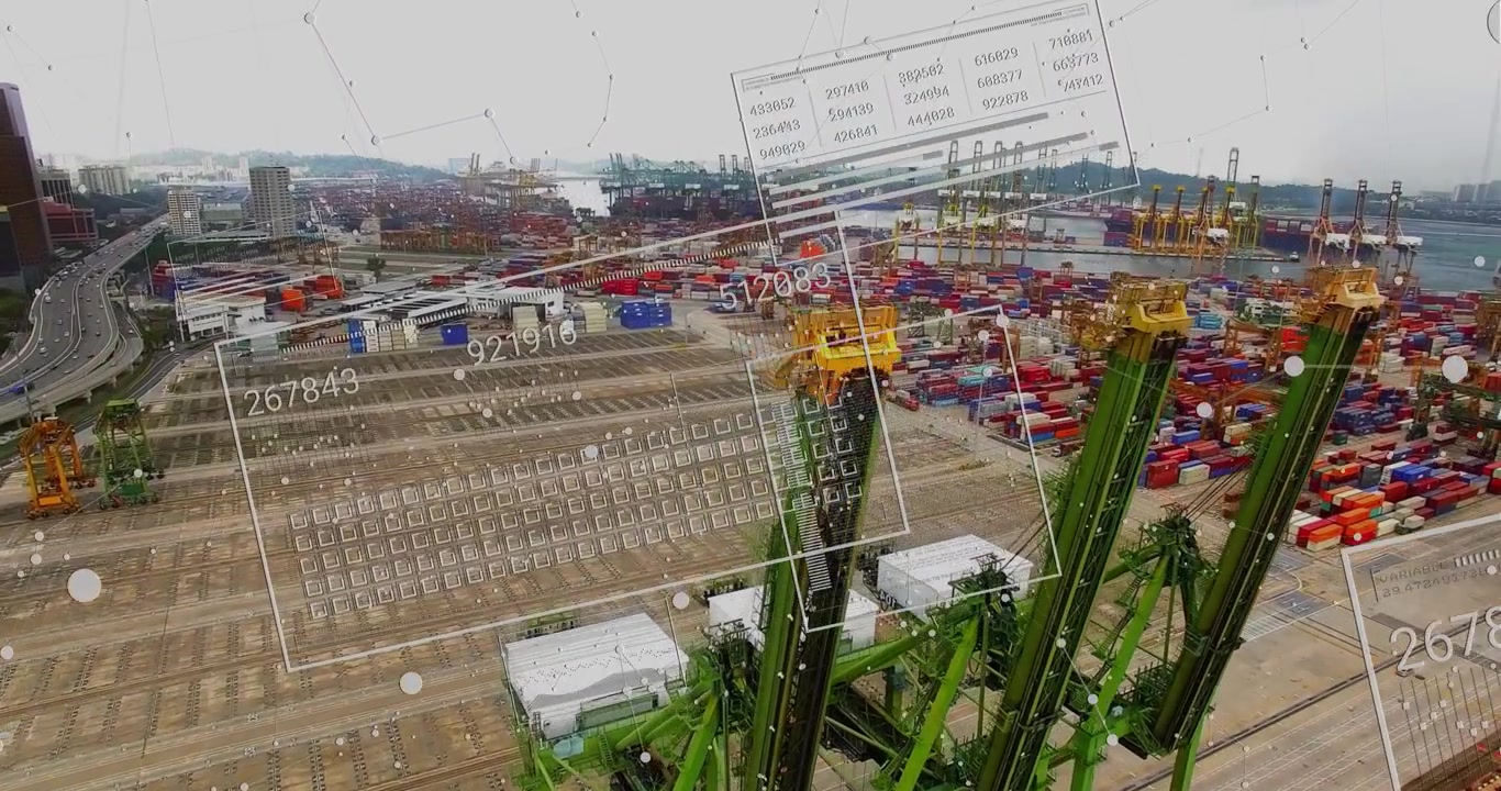 Static aerial view initiating overlay across three green cranes while animating numeric data grid