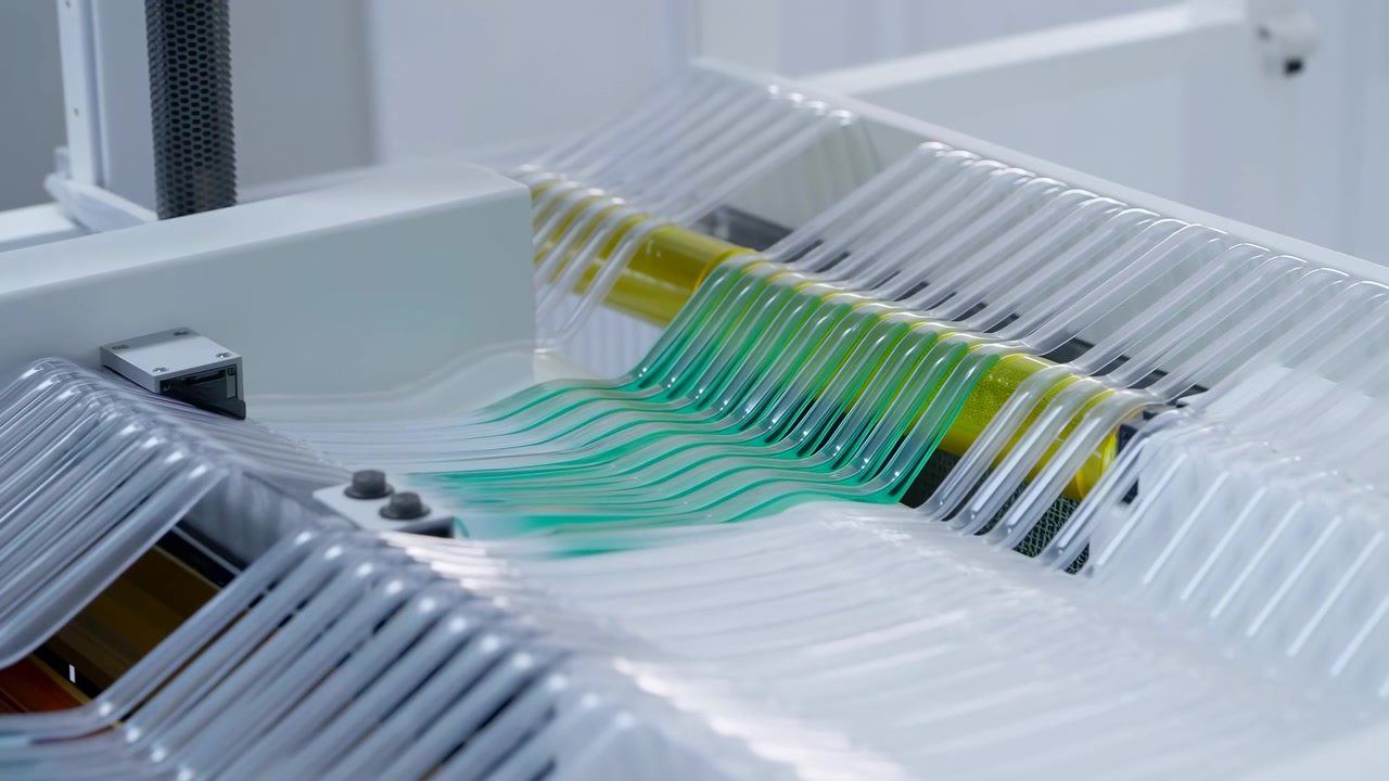 Close-up motion of clear thermoformed plastic trays conveyed across yellow cylindrical roller inside sterile production environment