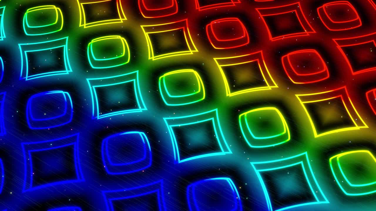 vj abstracto ciencia ficción futurista bg. volar sobre holograma multicapa 3d patrón complejo. gradiente de color arco iris de luz de neón. vista isométrica. formas simples patrón periódico. como en la cinta transportadora. rectángulos