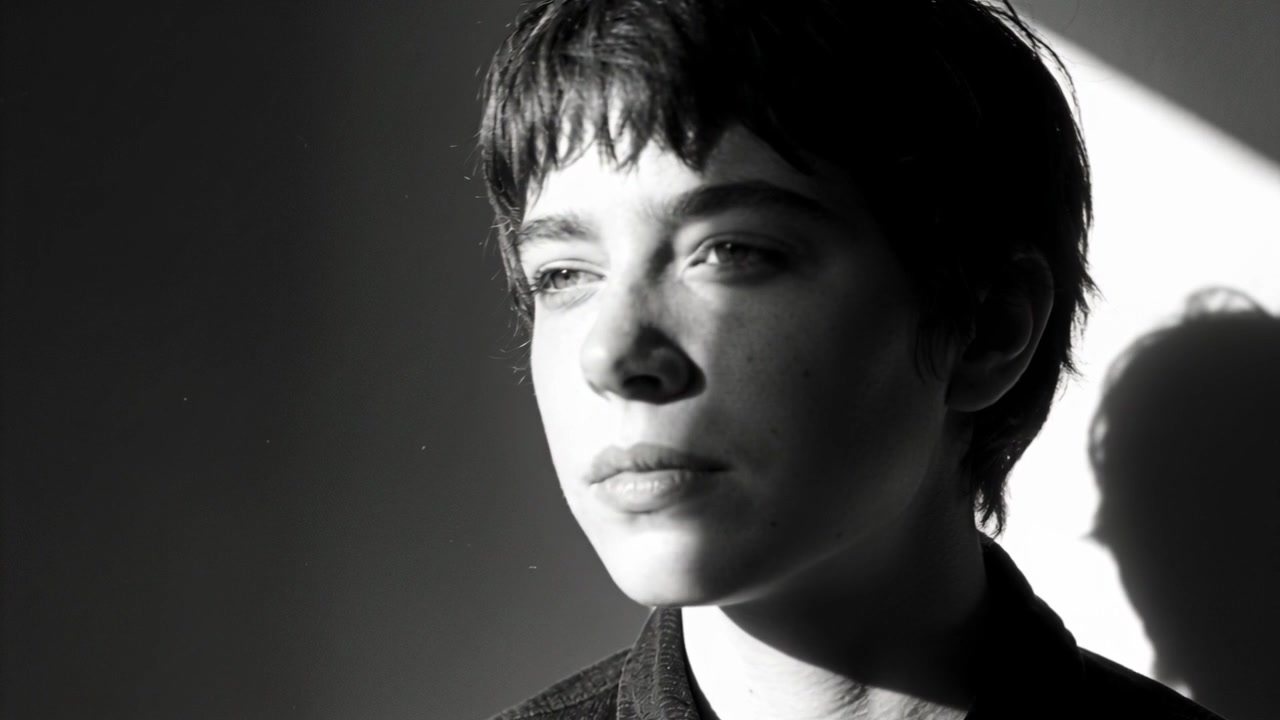Squinting woman in dark collared shirt reacting to shifting light at plain wall, casting shadow