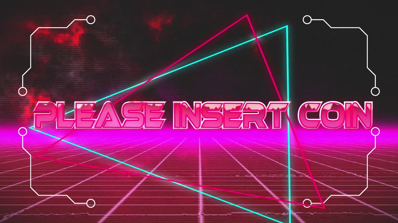 animación de la moneda de inserción sobre triángulos en espacio digital negro y rosa