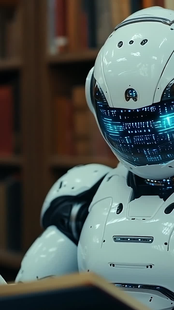 Robot reading book in library setting. A futuristic robot is seated in a library, focused on reading a book among shelves filled with various titles.