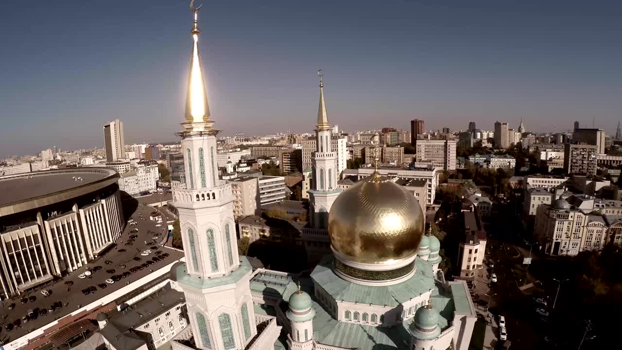 Aerial shot of Moscow Cathedral Mosque. New religion construction in Russia. Largest in Europe. Unique aerial quadcopter footage. Moscow Cathedral Mosque, Russia. The main mosque in Moscow, new landmark.