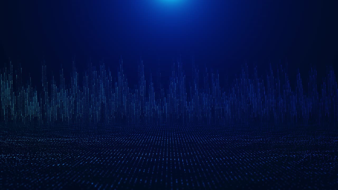 Abstract animation digital vertical blue light lines emerging from dark grid motion of glowing bars