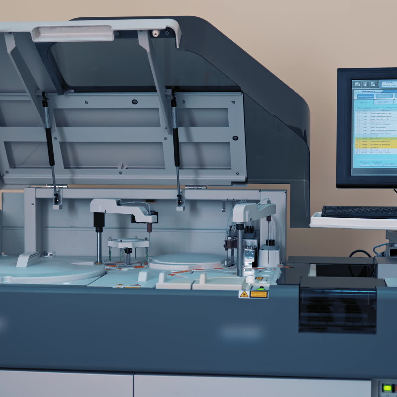 Automated machine at work and the computer screen in the laboratory room. Analysis blood at hospital laboratory. Blood samples in a robotic machine with 3D display.
