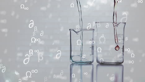animación de diversos símbolos científicos sobre líquidos que se vierte en vasos de laboratorio
