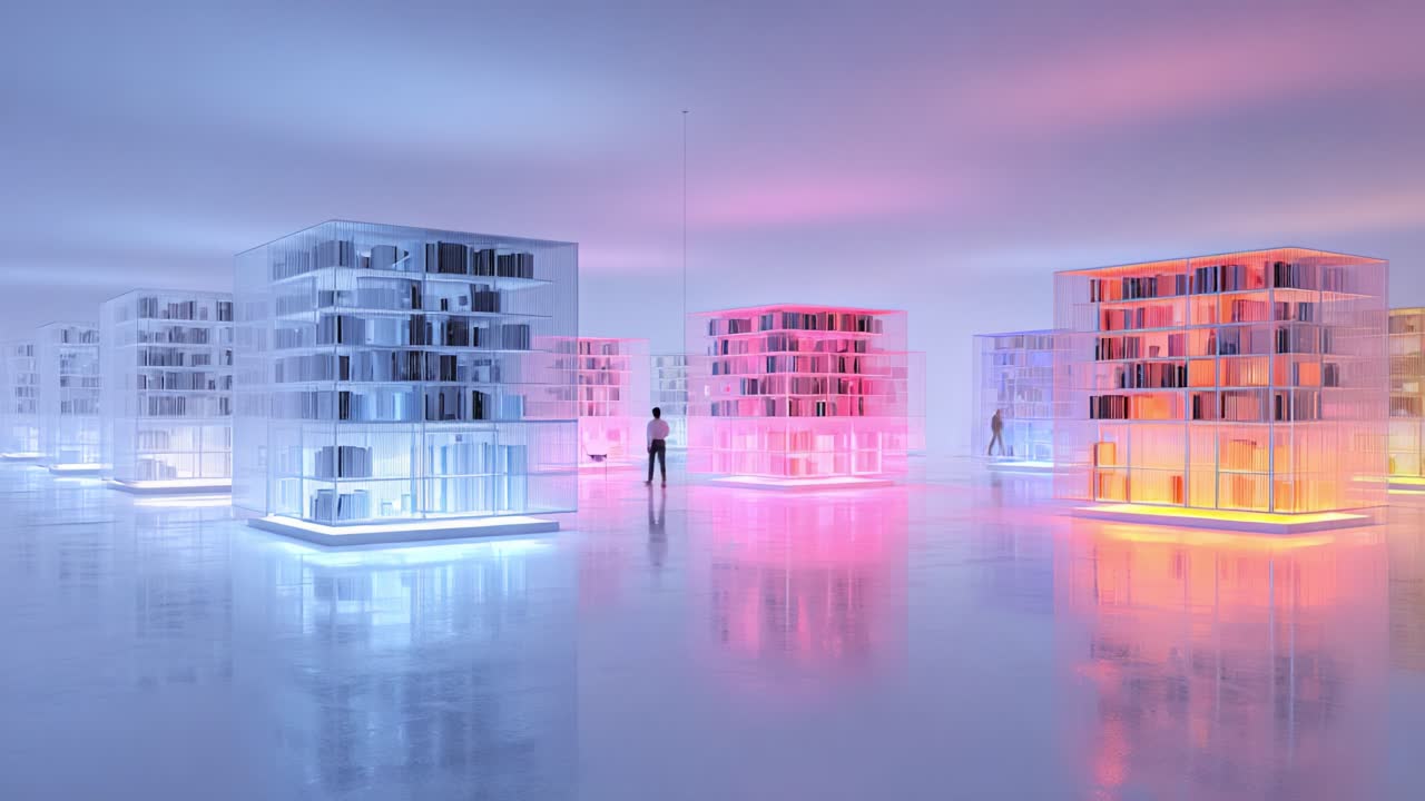 Illuminated Cubes in a Futuristic Space: A Person Navigates Through a Sleek Virtual Environment with Colorful Light Patterns Reflecting on Modern Transparent Structures