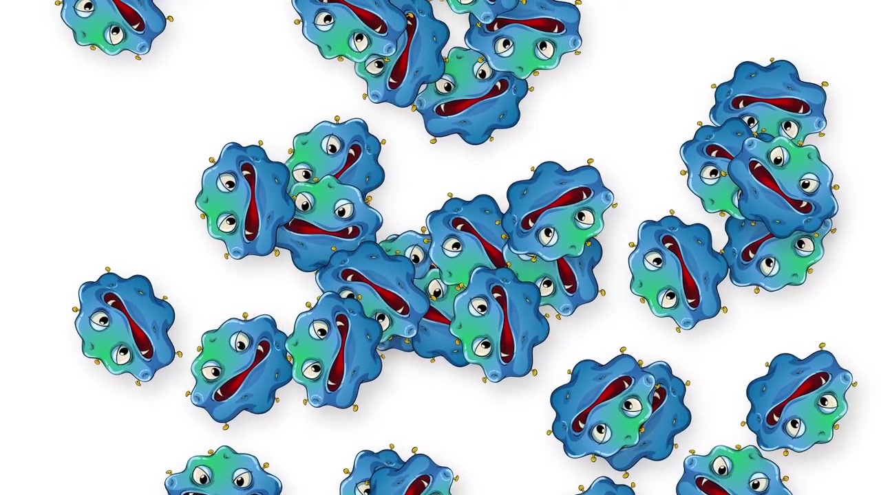 Animated blue and green cartoon microbes fall vertically through the frame on white background.