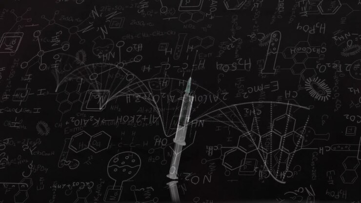 Animation of chemistry data and drawings over syringe with liquid dropping