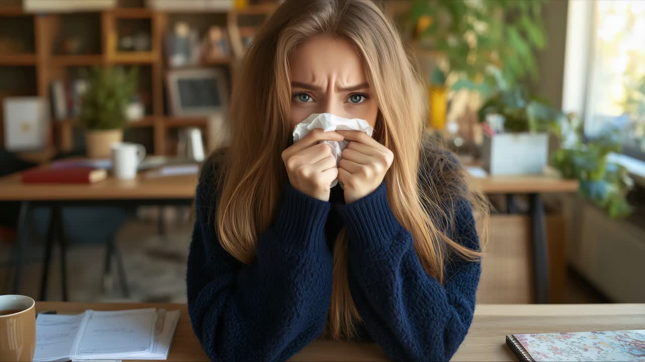 Woman Sneezing At Work Desk