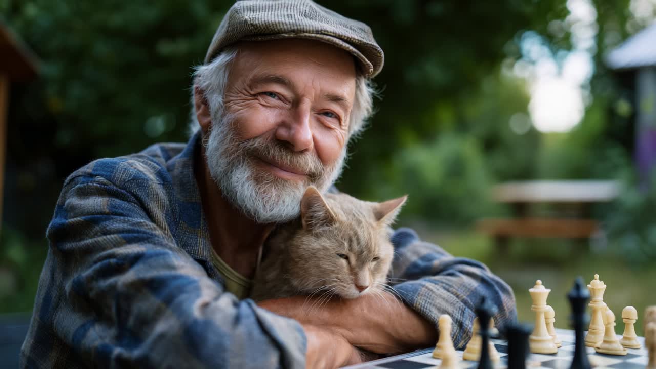 A Joyful Moment: An Elderly Man with a Warm Smile Embracing His Cat, Captured Amidst a Chessboard Surrounded by Nature, Emphasizing Companionship, Leisure, and the Simple Pleasures of Life