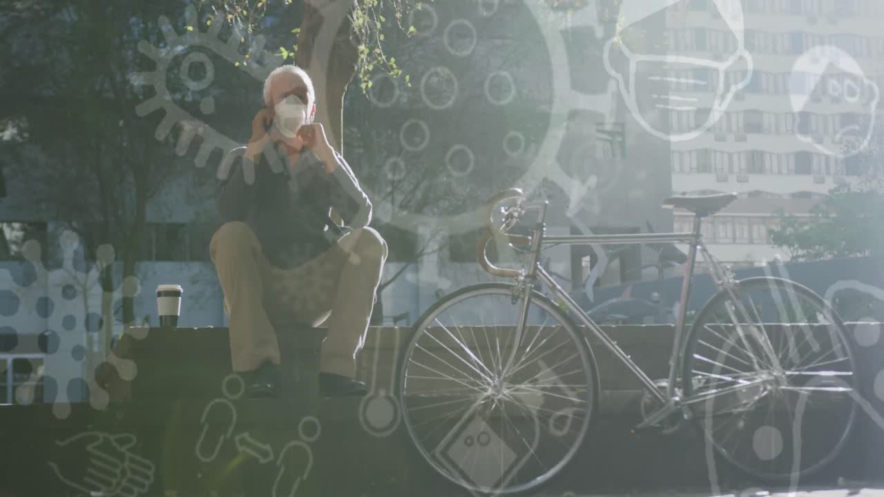 animación de células de covid-19 sobre un hombre mayor que usa una máscara facial