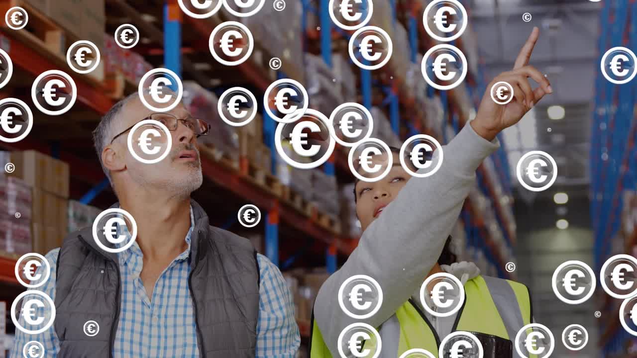 Netværk af digitale ikoner over kaukasisk mandlig medarbejder, der arbejder på lager.
