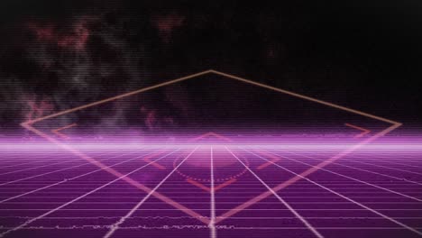 Animation-of-square-scope-rotating-over-glowing-pink-grid-and-horizon,-moving-on-black