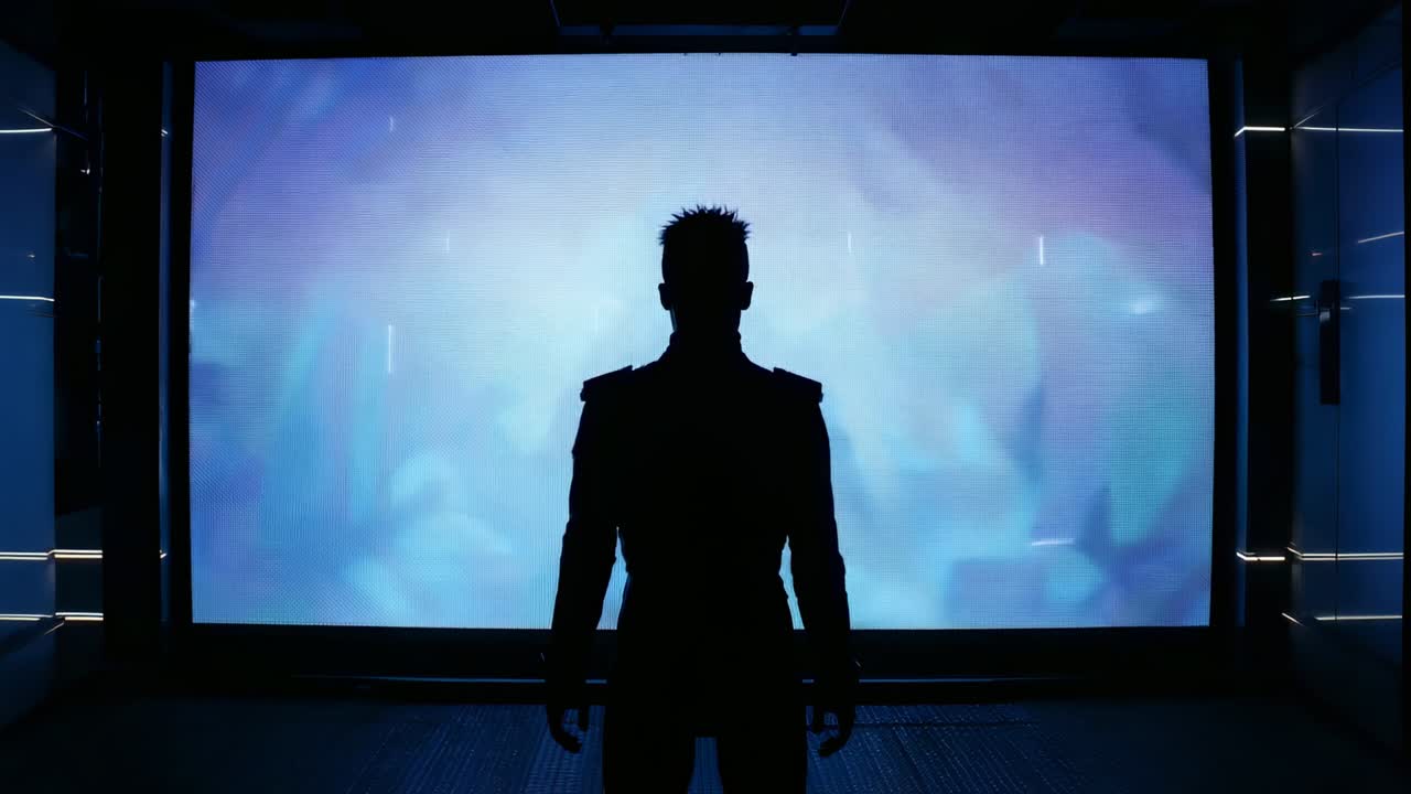 Reacting to pulsing display, guard silhouette monitoring screen in control room with blue visuals