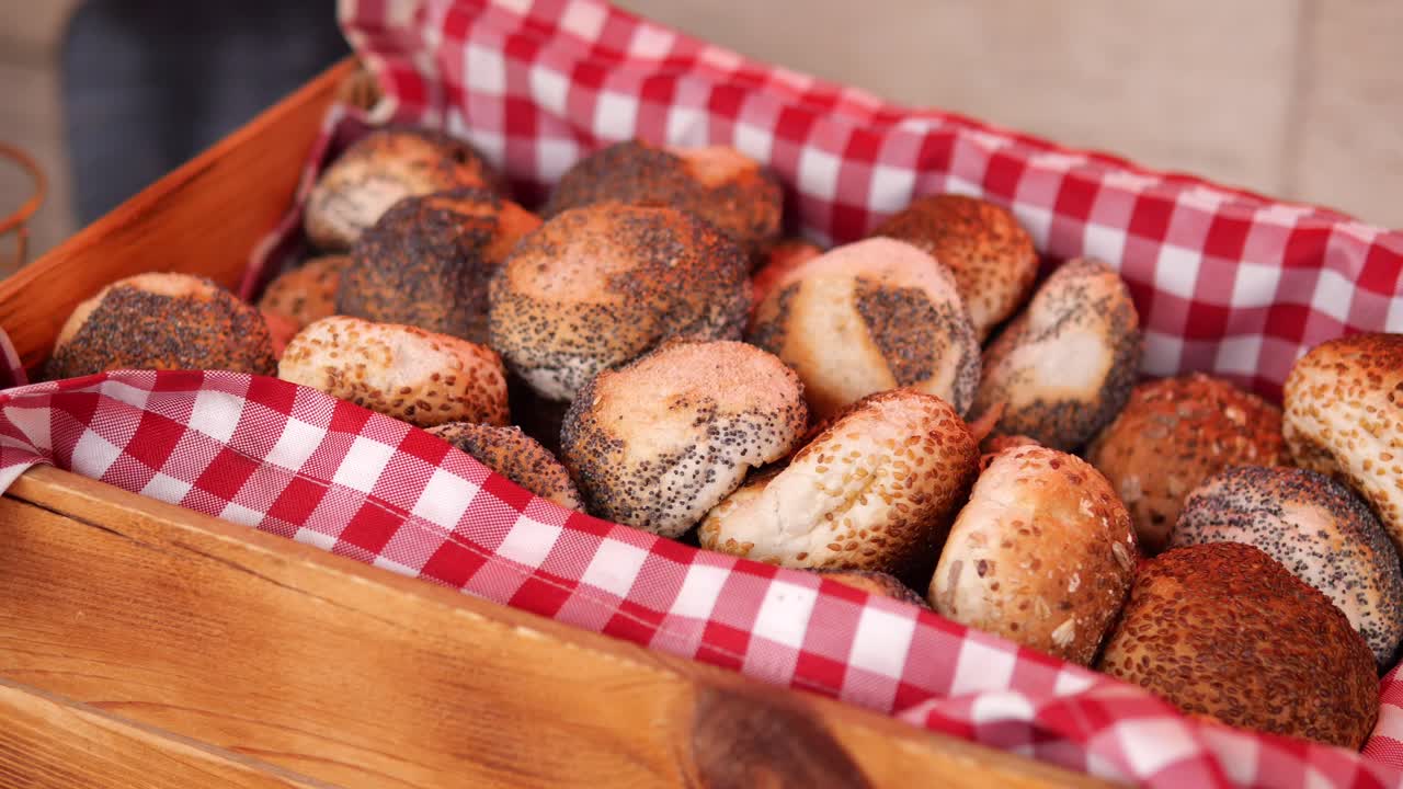 Assortment of Freshly Baked Rolls in Wooden Crate