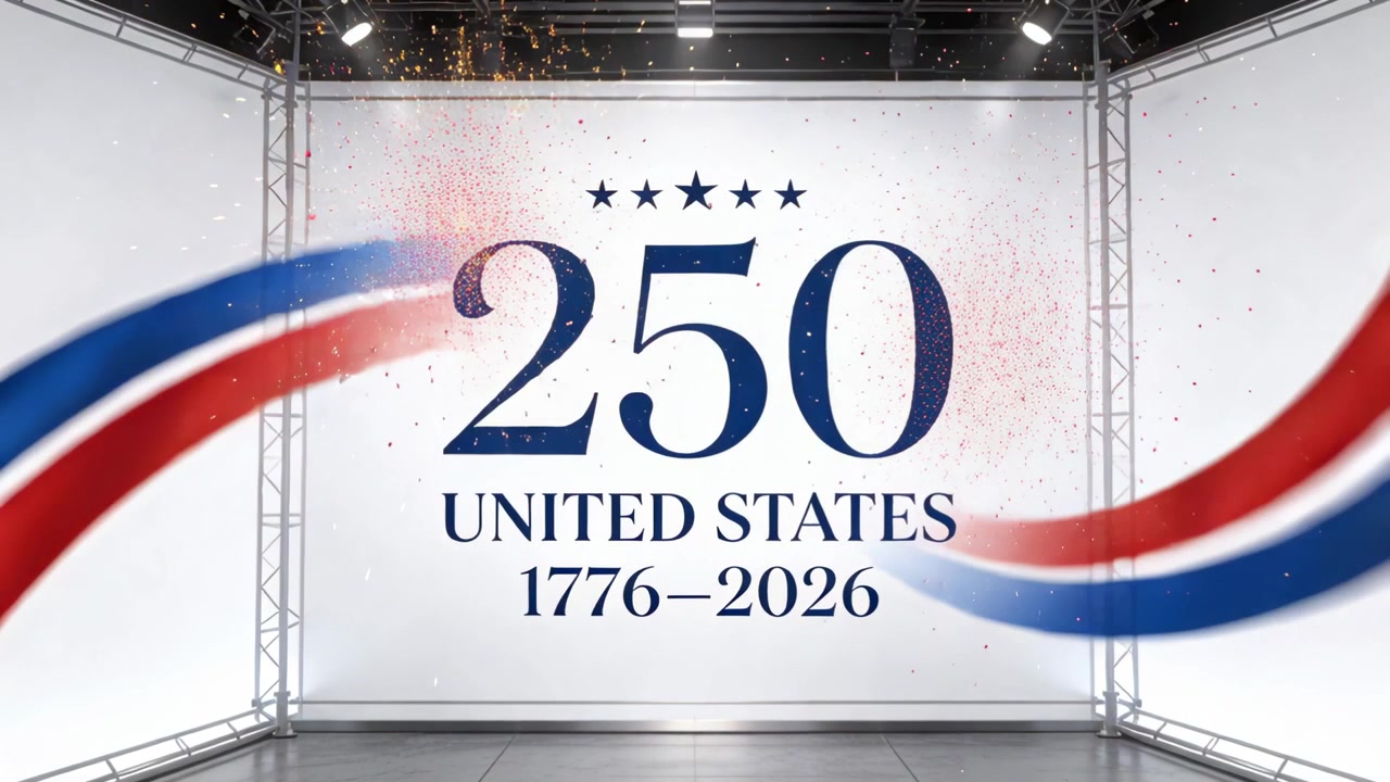 Indkommende bånd, der gnistrer med et lysglimt, fejer hen over scenen med et 250 US 1776–2026 emblem, der markerer 250-års jubilæet.
