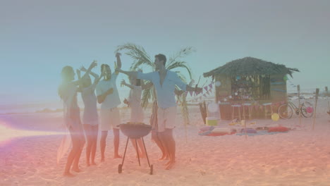 animación de puntos de luz sobre un grupo de amigos felices diversos bebiendo cerveza y teniendo barbacoa en la playa