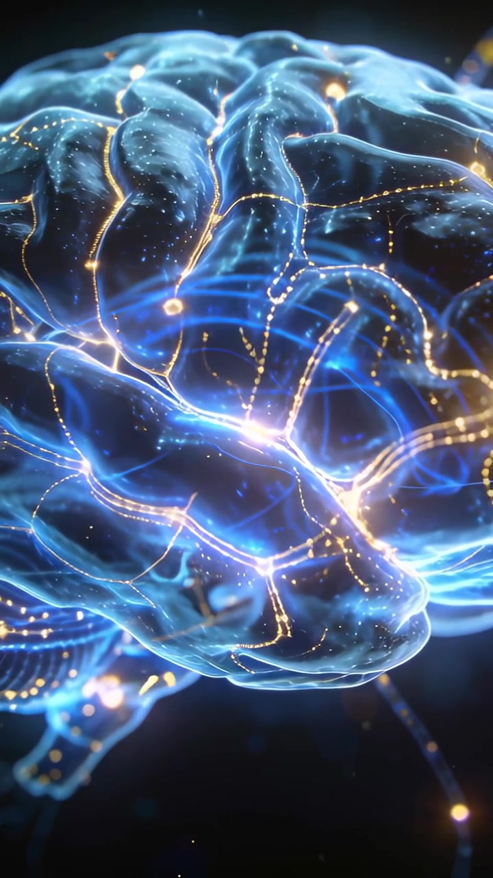 Vertical video: Lighting nodes sending pulses across translucent brain in void showing neural waves