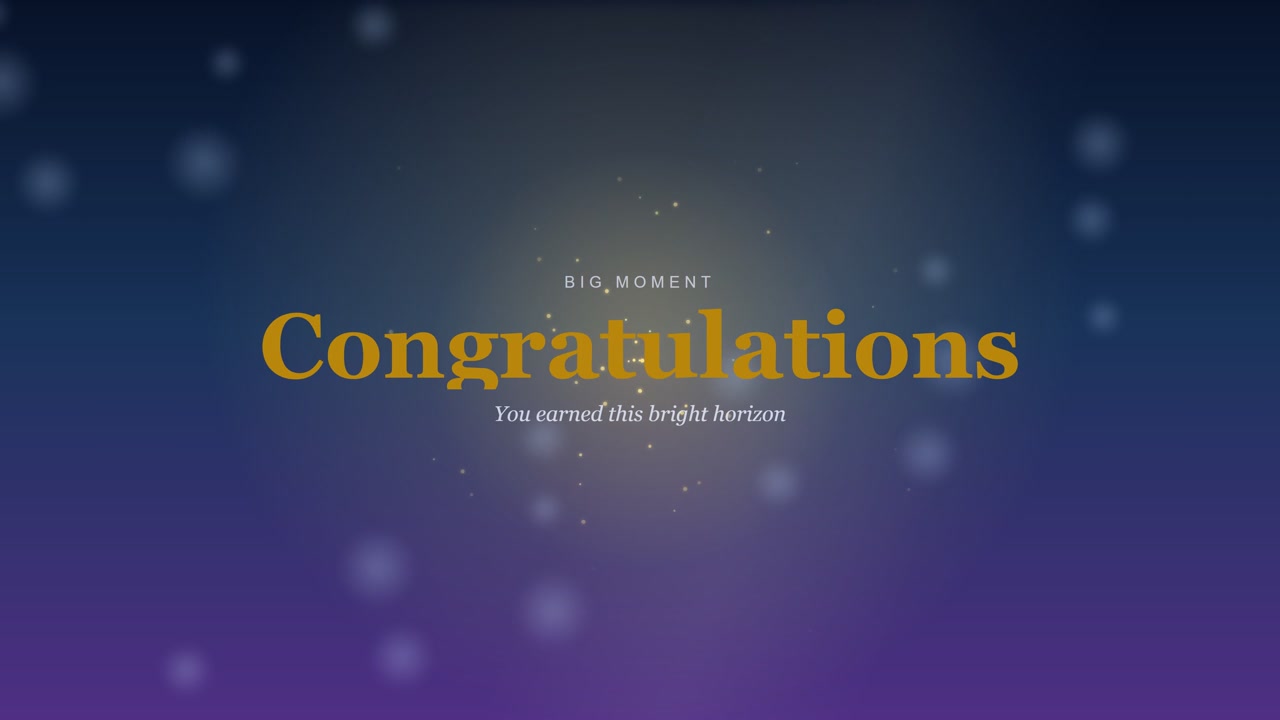 Elegant congratulations typography with glowing gold particles on a dark purple gradient background, ideal for celebrations and awards
