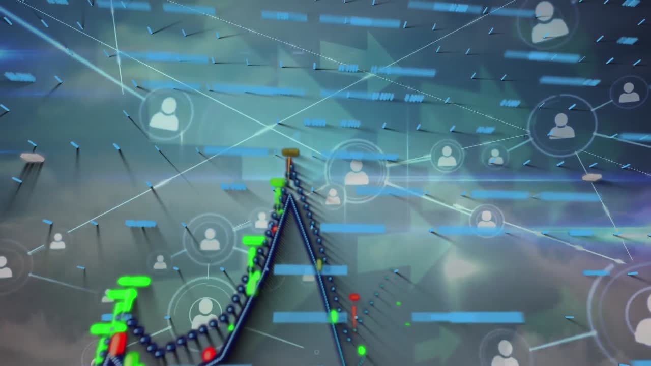 하늘을 가로지르는 연결 네트워크와 디지털 인터페이스 및 그래프의 애니메이션