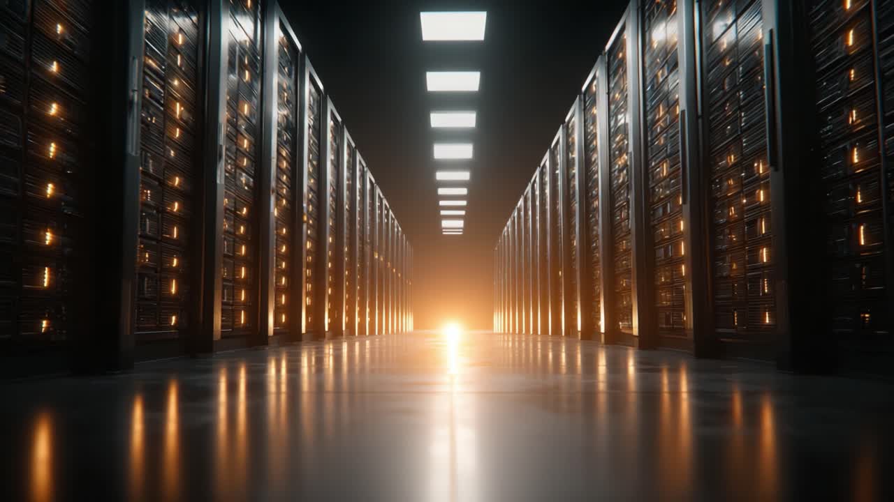 Illuminated Data Center Aisle: A Glimpse Into a High-Tech Environment Filled With Server Racks, Radiating Light Amid a Modern Digital Infrastructure