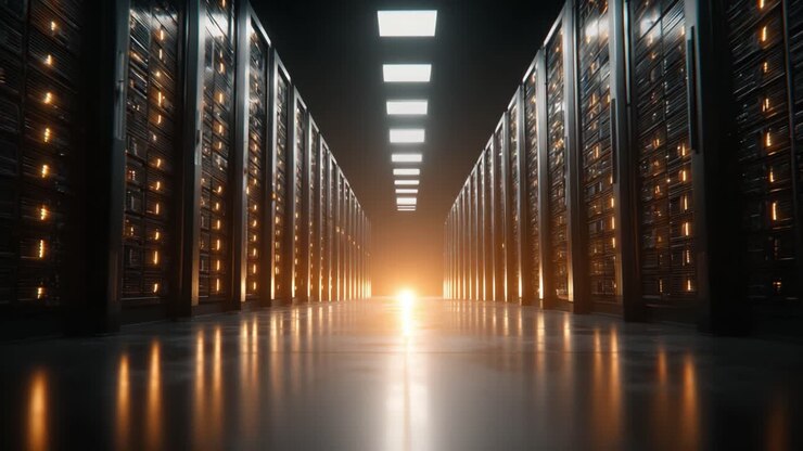 Illuminated Data Center Aisle: A Glimpse Into a High-Tech Environment Filled With Server Racks, Radiating Light Amid a Modern Digital Infrastructure
