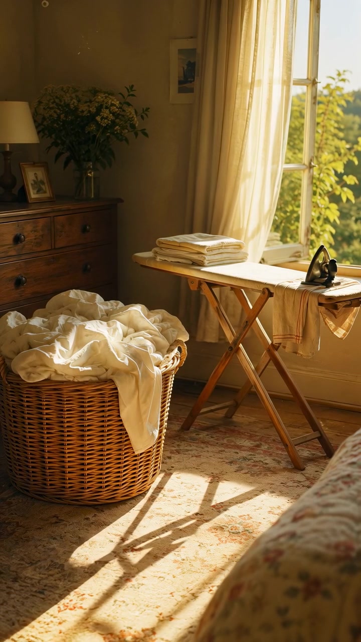 Warm daylight streams through sheer curtains onto wicker laundry basket, ironing board, folded linens, and iron, casting long window shadows across patterned rug in quiet room.