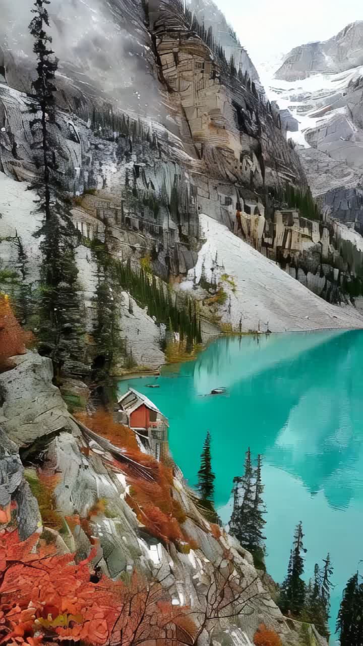 Cabin on the shore of a lake with mountains and forest in the background