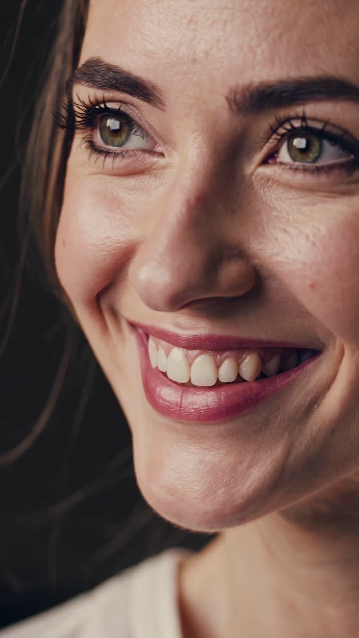 Close-up video of a woman's face with a slight smile, captured from a side angle