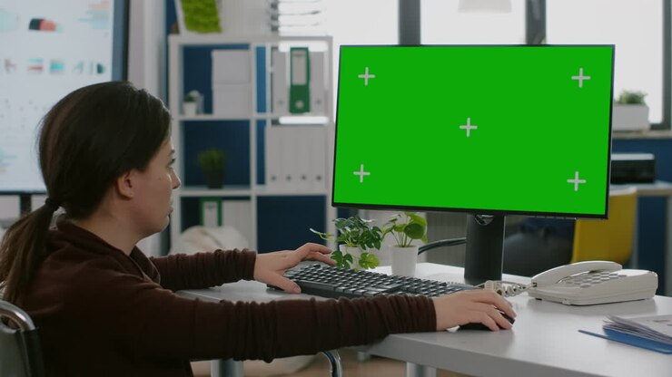Persona con disabilità in sedia a rotelle che guarda il PC con chroma key.