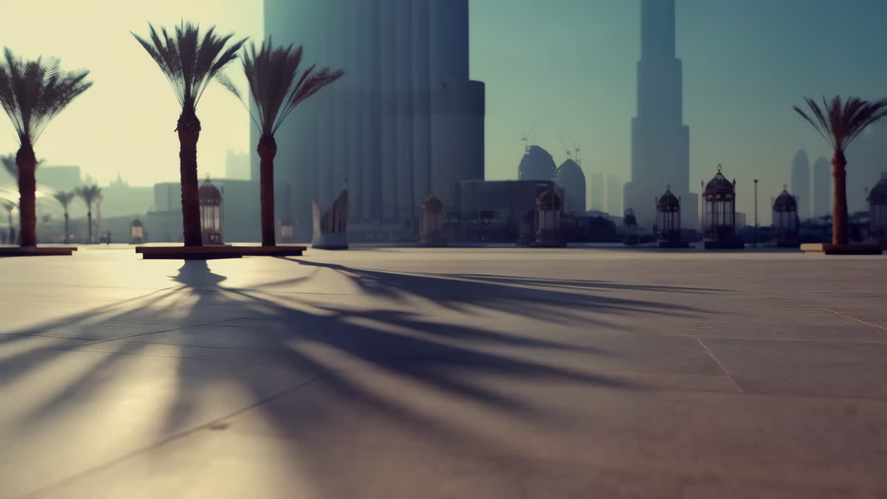 Sunrise or sunset over a modern city plaza with palm trees and skyscrapers