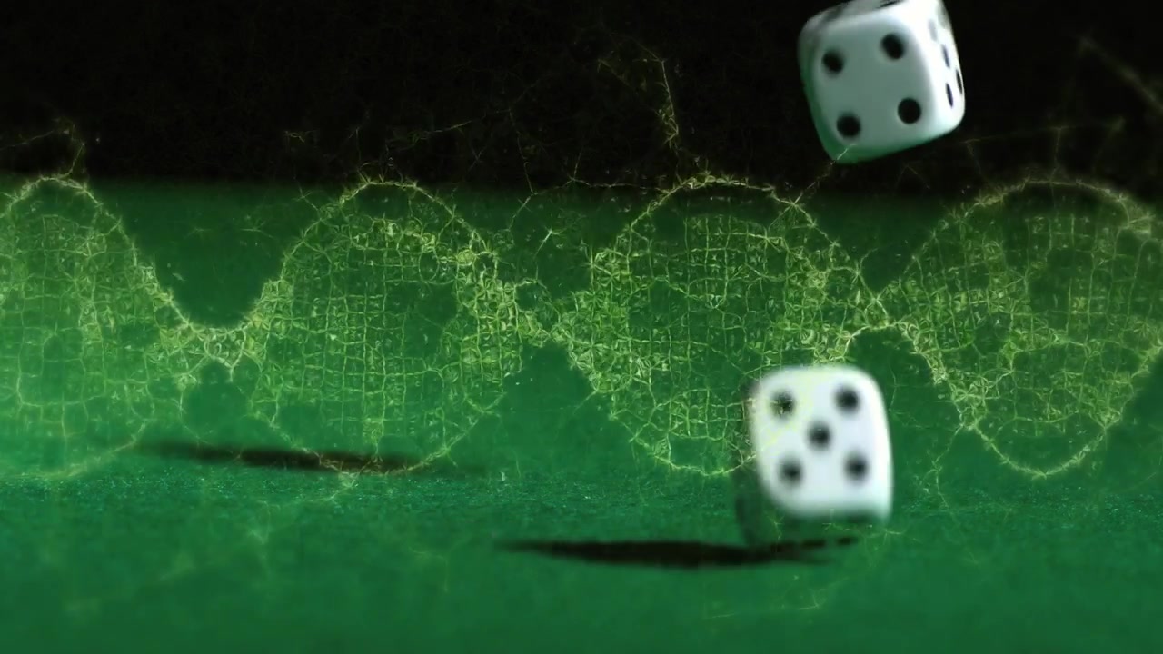 Animation af roterende DNA-streng over terninger på spillebord