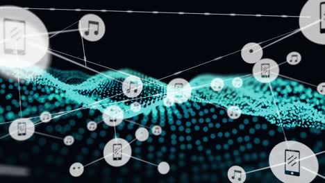 Animation-of-network-of-connections-with-digital-icons-over-green-mesh