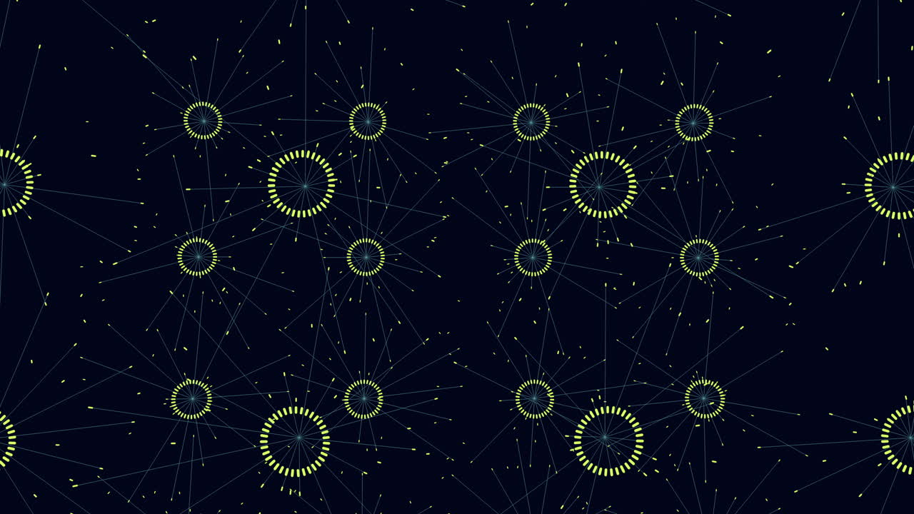 Connected digital circles pattern with rainbow dots on black gradient