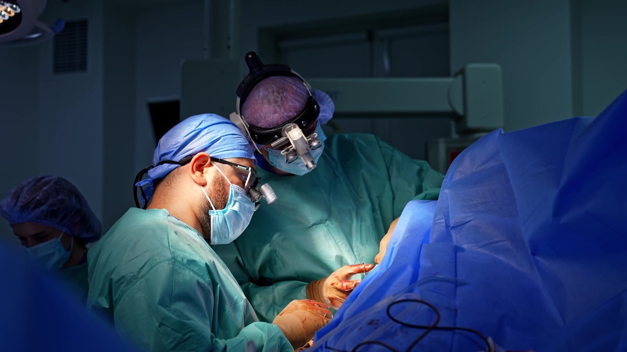 I chirurghi indossano guanti in lattice marroni macchiati di sangue durante l'operazione. Medici che collaborano con occhialini chirurgici lavorano insieme in chirurgia traumatologica