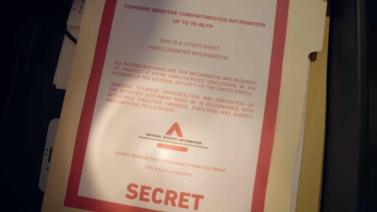 Confidential files hidden in drawer, secrecy and tension. Spy or agent searching classified material under flashlight avoiding detection at night. Point of view of stealing top secret documents