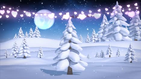 Animation-of-santa-sleigh-and-christmas-lights-over-winter-landscape