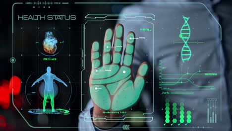 Futuristic-health-hand-scanner-identify-user-checking-status-show-info-closeup