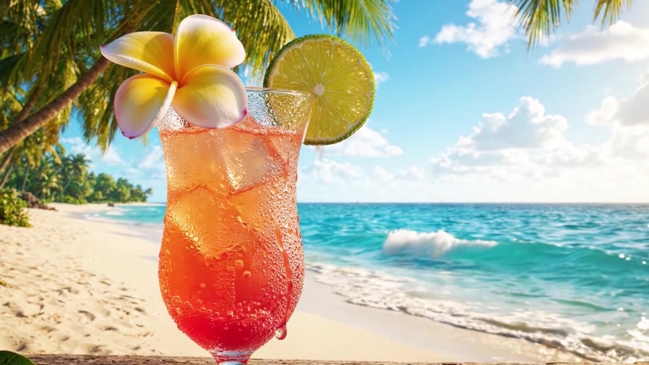 Forfriskende tropisk cocktail pyntet med en plumeriablomst og lime, satt mot en vakker strandscene med palmer og krystallklart vann for en perfekt sommerstemning