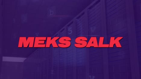 animación del texto de mega venta con procesamiento de datos en la sala del servidor.