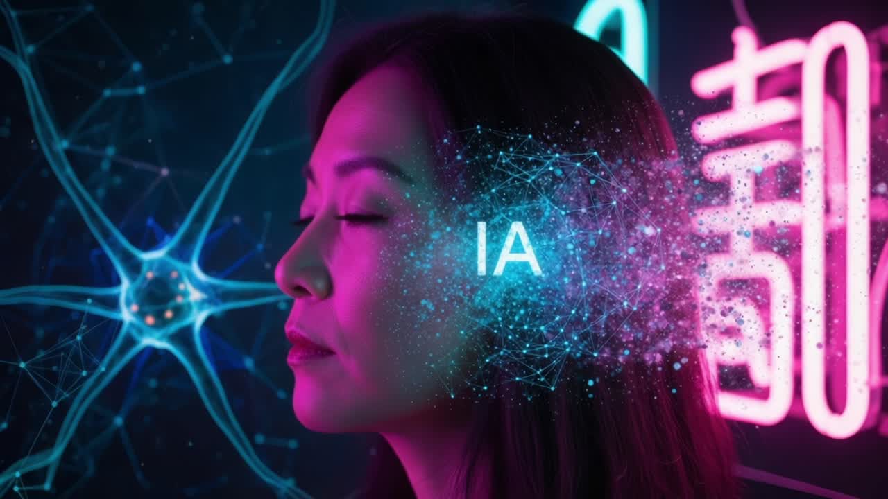 A Thoughtful Woman Contemplates Artificial Intelligence Against a Colorful Network of Connections and Neon Lights, Merging Technology with Human Insight