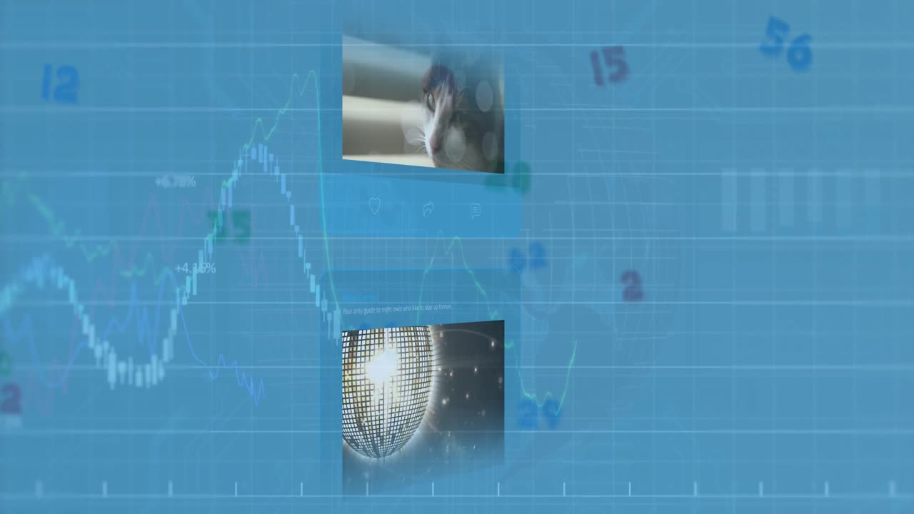 animación de emoticones, globos, hélice de adn, gato, gráficos múltiples sobre números en un fondo abstracto