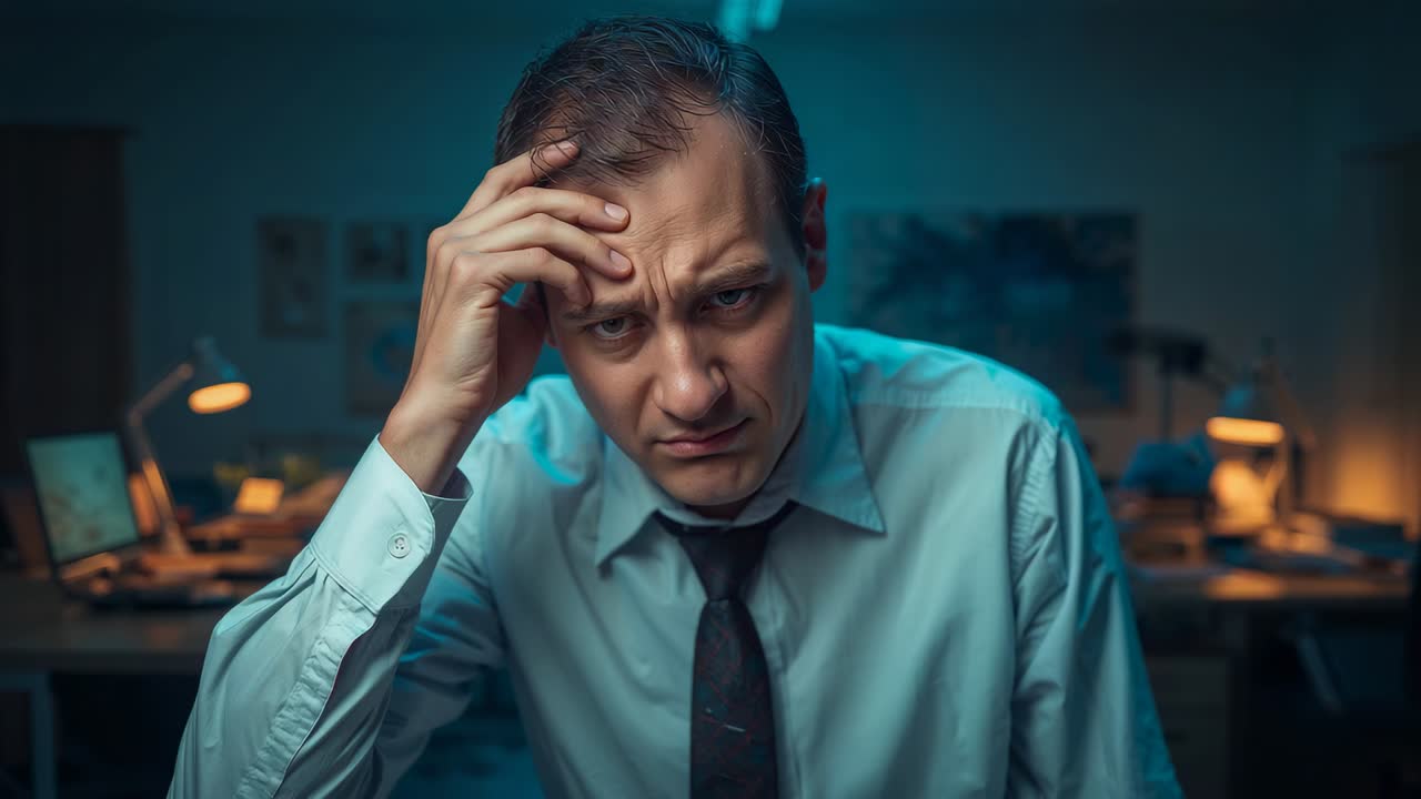 Efter lange timer gnider mand i blå skjorte og mørkt slips sig i panden ved et skrivebord med skærme og papirer